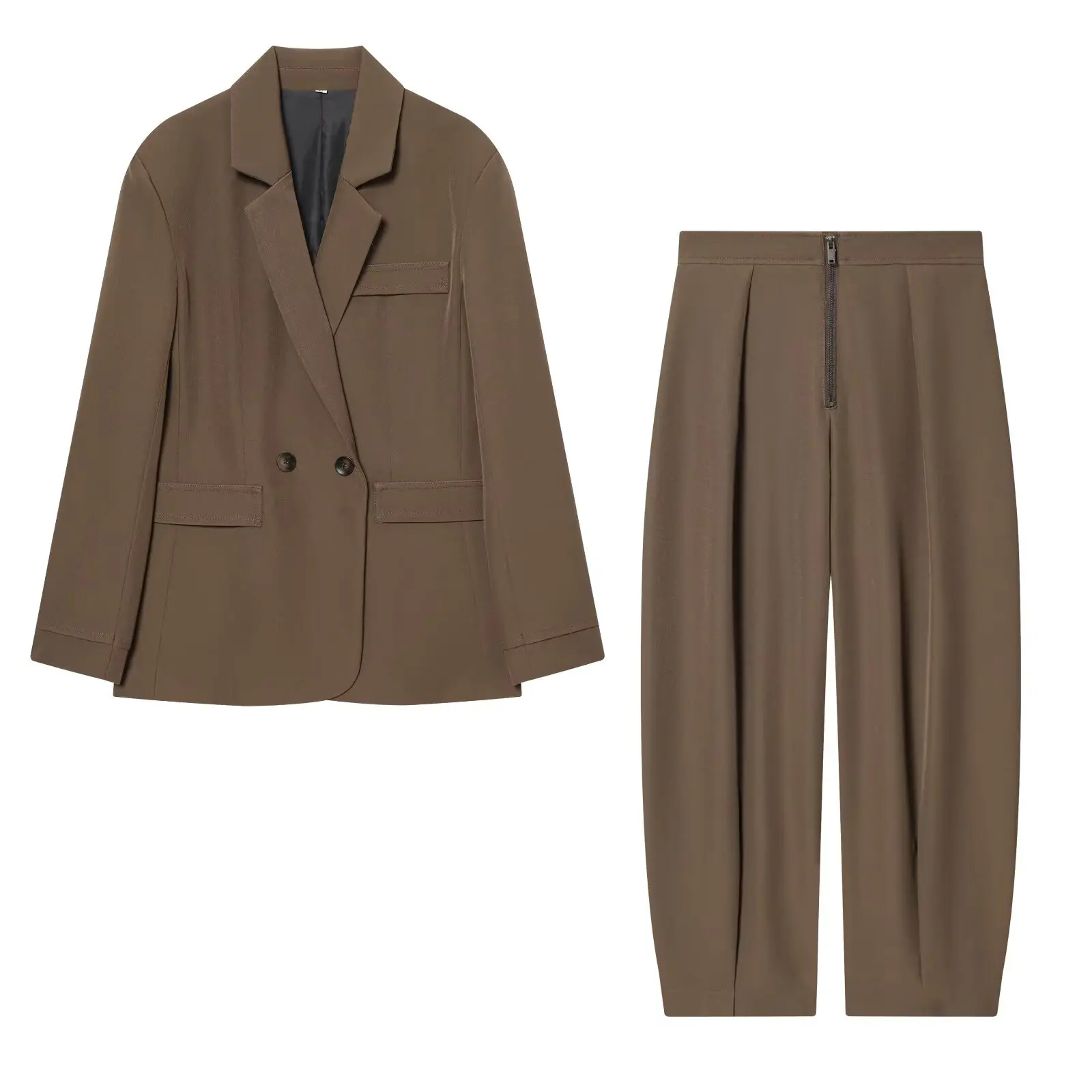 2026 New Women's European 2 Pieces Sets Brown Double Breasted Loose Blazers Lady Chic Elegant Zipper Pants Suits Trousers Outfit