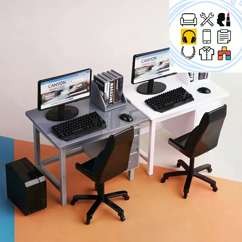 1 Set 1/12 Dollhouse Miniature Computer Keyboard Desk Chair Kit Home Study Room Furniture Decor Micro Scene Props