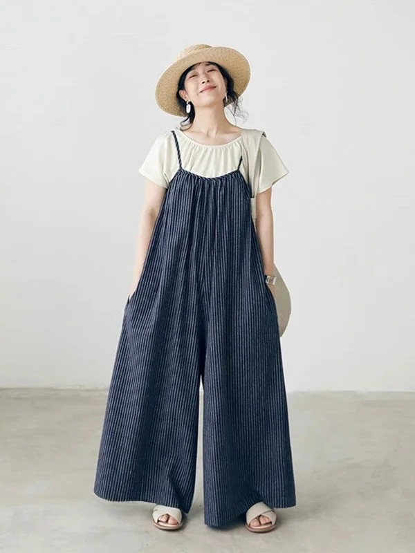 Calças Largas Listradas Azuis para Mulheres, Novas Calças de Verão com Cintura Alta, Estilo Artístico Retro, Confortáveis para o Dia a Dia