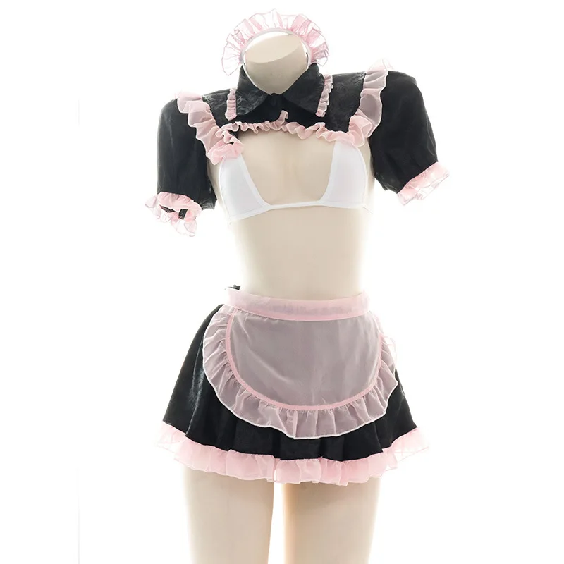

NEW Hollow Out Lace Maid Uniform Backless Mesh Chiffon Dress Anime Cosplay Sailor Costumes Cute Black Pink Sexy Lingerie Set