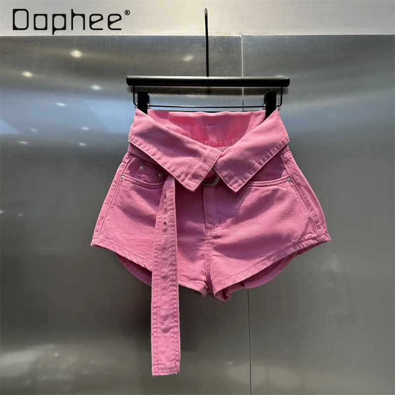 Korean Fashion Solid Wide Leg Hot Pants High Waist Lapel Pockets Denim Shorts Women 2024 Summer All Match Street with Belt