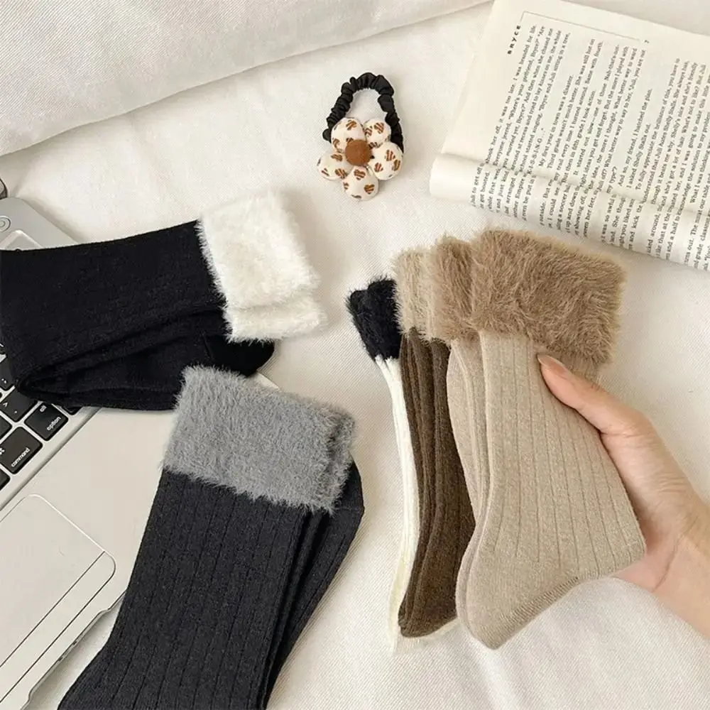 5Pairs Autumn Winter Plush Fleece Socks Thick Warm Solid Color Mid-Calf Tube Sock Fluffy Splicing Mid-tube Stockings Women