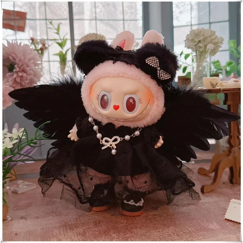 17cm Labubu Doll's Clothes Devil Dress Black and White Angel Feather Set Black Wedding Dress Outfit Akcesoria Odzież Prezenty