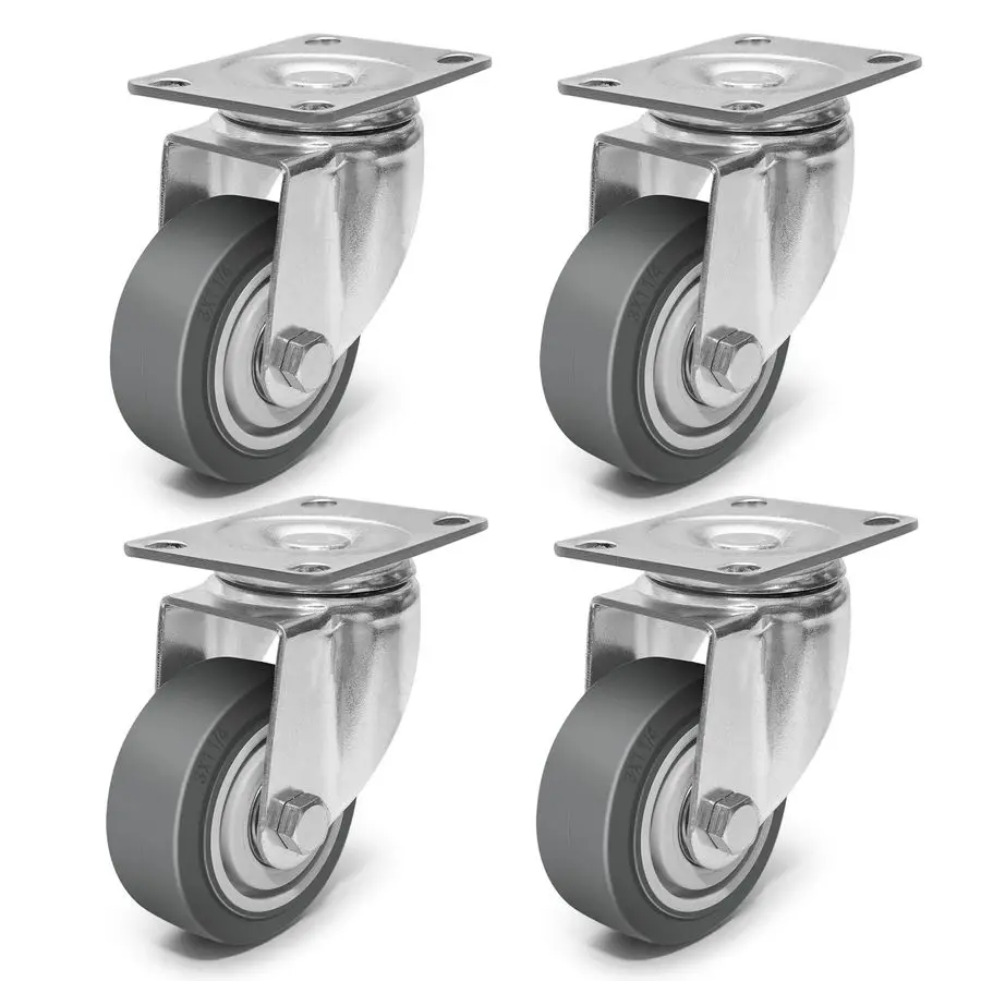 

3 Inch Caster Wheels, Rubber Wheels Silent Castor Set of 4 Heavy Duty Caster Wheels with Brake 1200Lbs, Industrial Plate Casters