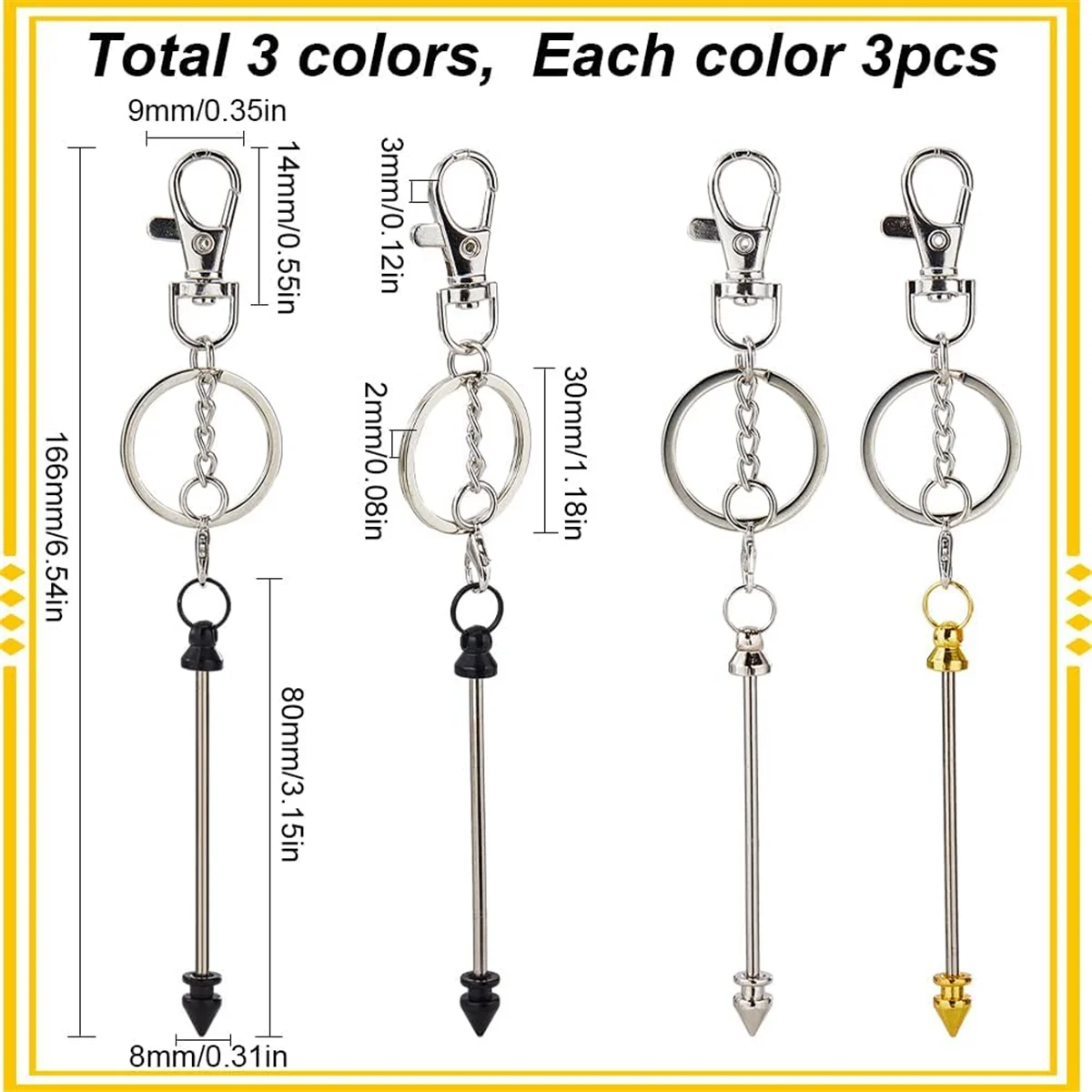 Porte-clés perlés en vrac avec fermoirs à griffes, barres de porte-clés en métal, ébauches, barre d'équipement de clé, 3 couleurs, 9 pièces, HTML