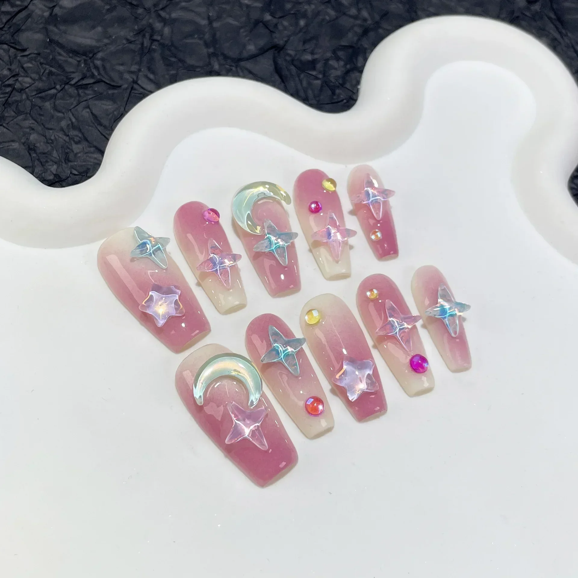 Handmade Pink Press on Nails Y2k Cute Short Star Decration Reusable Adhesive False Nails with Glue Acrylic Full Cover Nail Tips