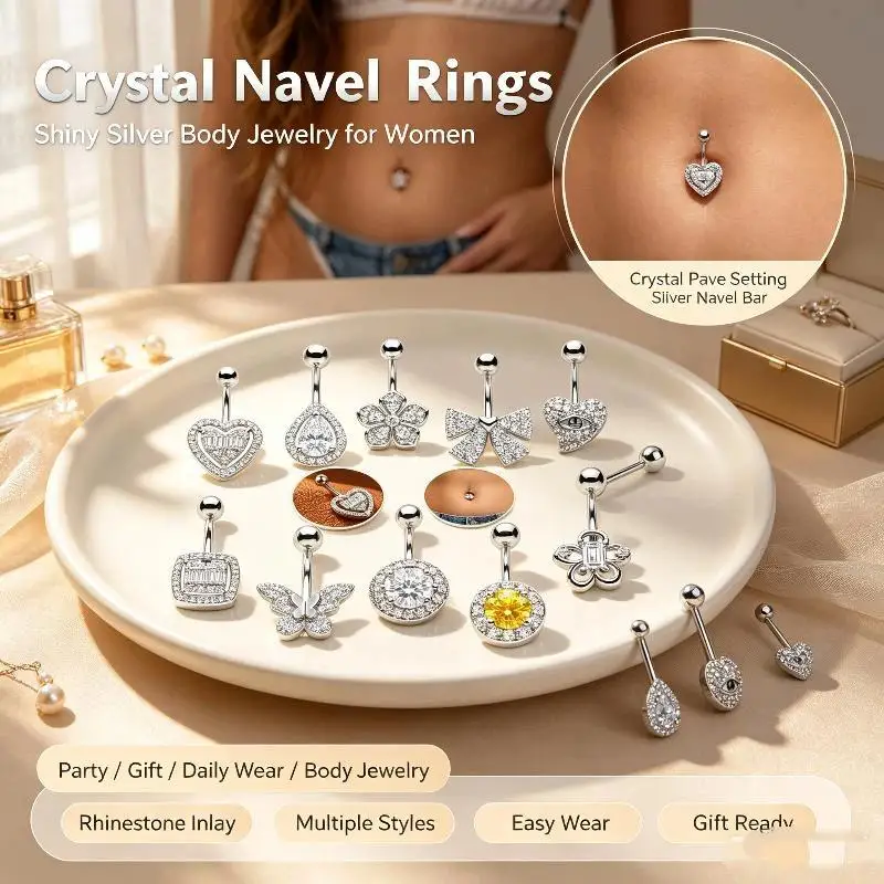 Hypoallergenic Belly Button Piercing 316 Stainless Steel Sparkling Zircon Navel Ring Classic Body Jewelry