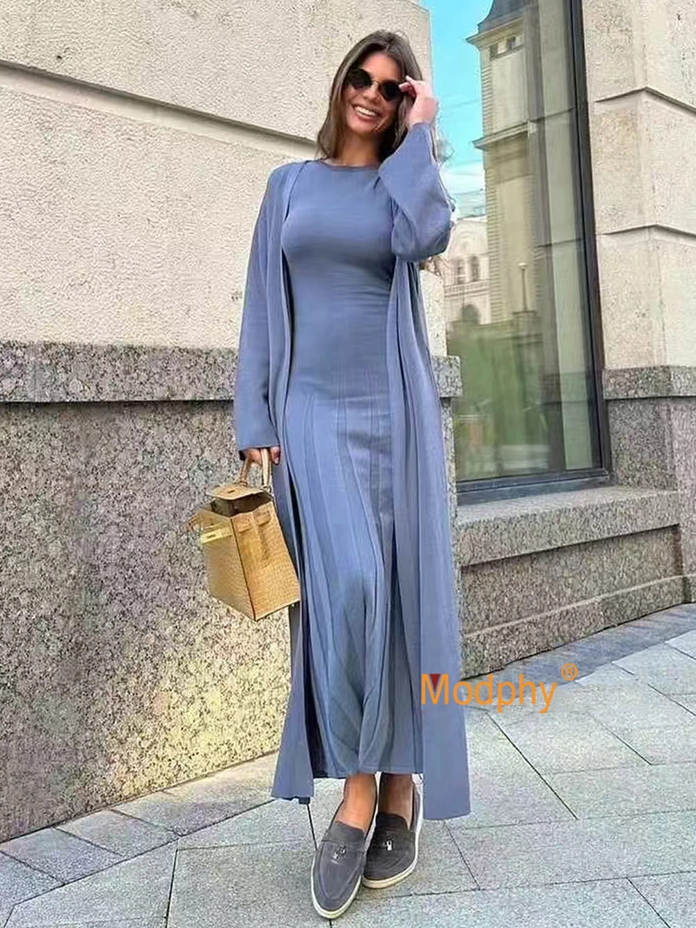 Elegant Solid Knitted Cardigan Long Dress Set Women Oversized Long Sweater Coat & Sleeveless Pleated Dress Two Piece Set Suit