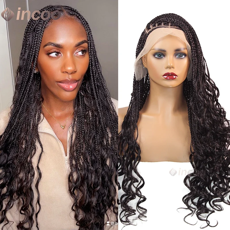 

28 Inch Synthetic Knotless Box Braided Wigs French Curly Braided Lace Front Wigs for Black Women Full Lace Square Part Baby Hair