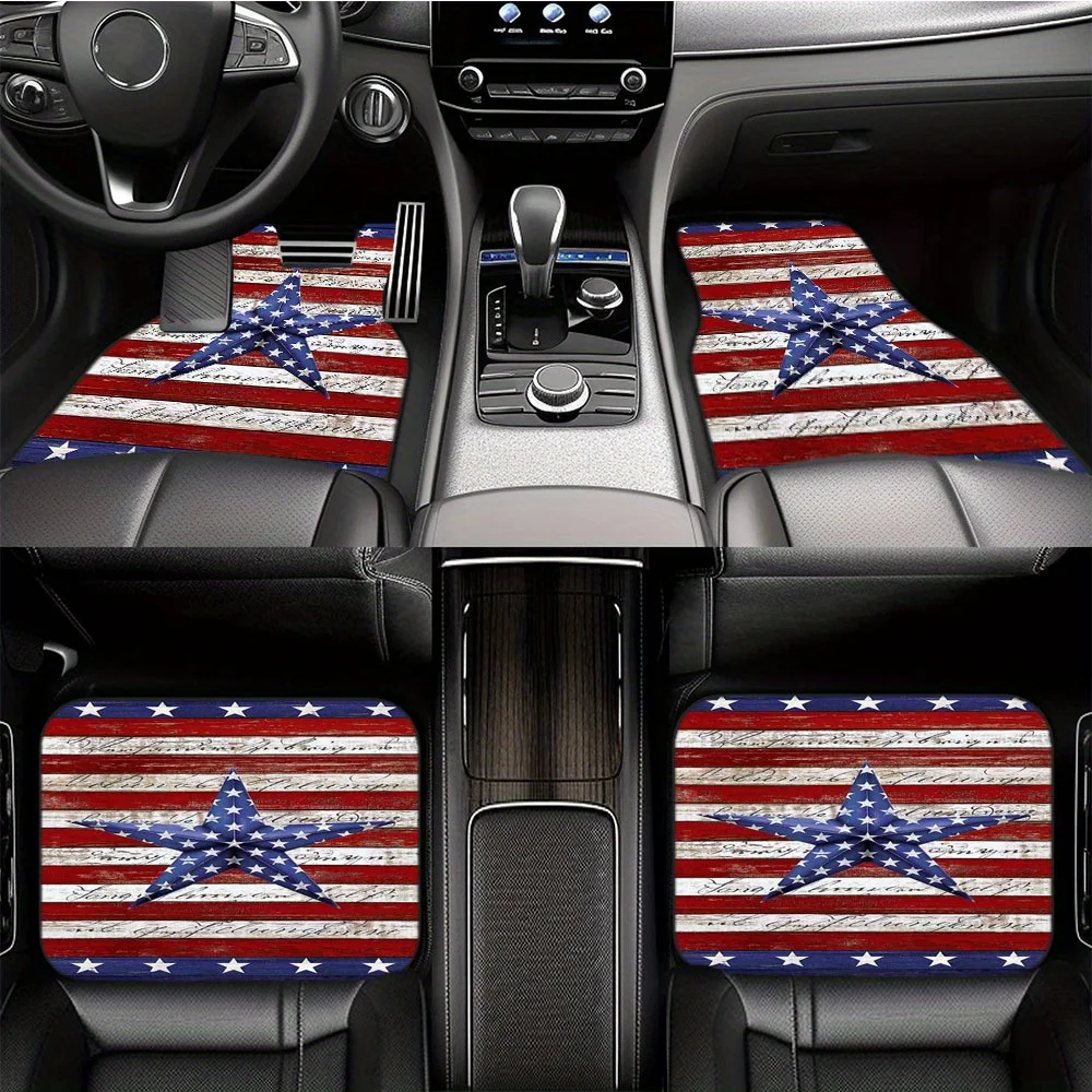 Patriotic American Flag Car Floor Mats, 5-Pointed Star Striped Design, Anti-Slip, Non-Slip, Thickened, Machine Washable, Polyest