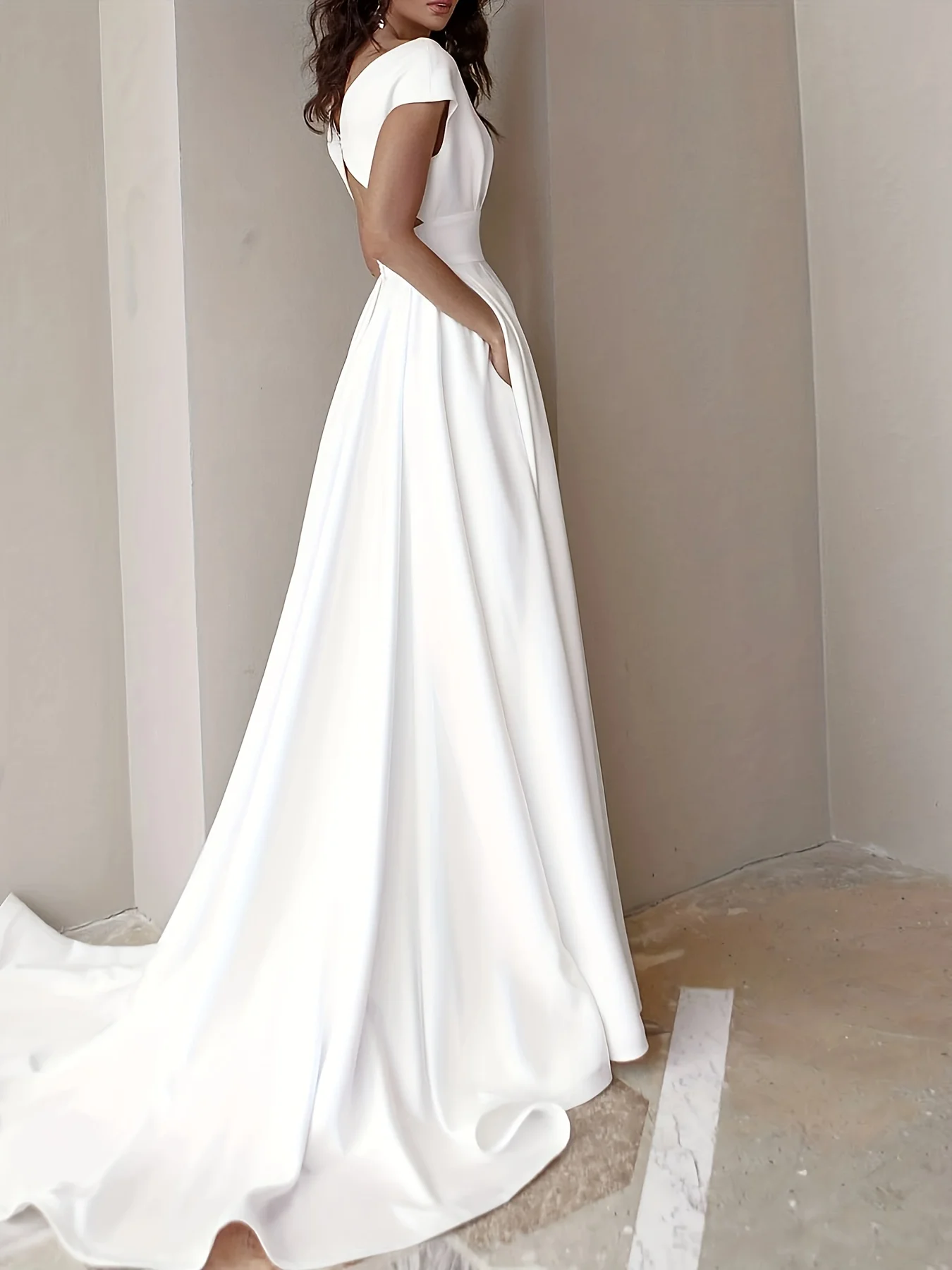 Open Back V Neck Sweep Train Elegant Cap Sleeve A-line Split Long Dress