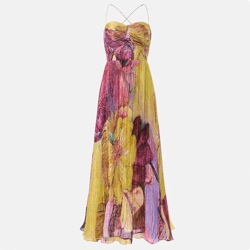 2025 신상 섹시 슬링 하이웨이스트 파티 드레스 여성 우아한 플리츠 프린트 로브 드레스 여름 패션 빅헴 보헤미안 드레스