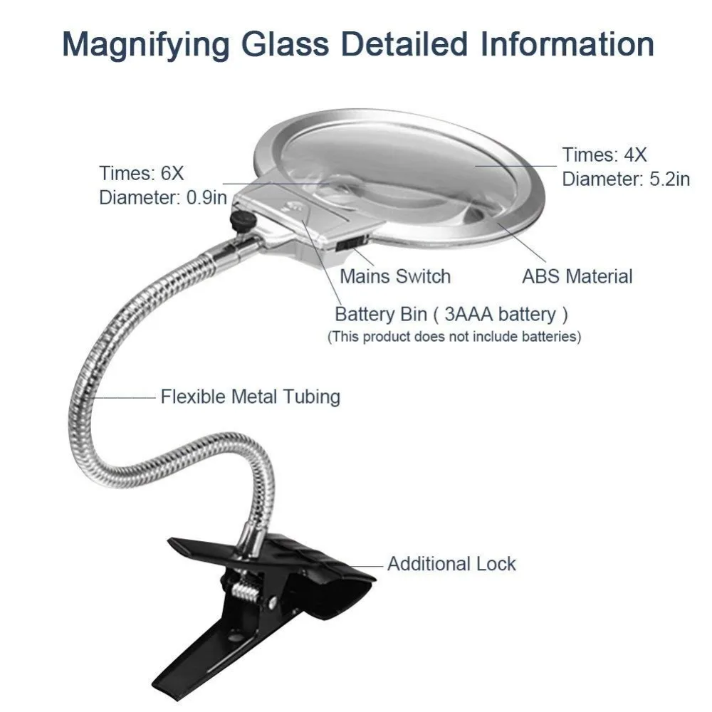 360 Degrees Adjustable Illuminated Folding Magnifying Lamp 2 X 5X Lens For Reading And Close Work Clip On Magnifier Glass