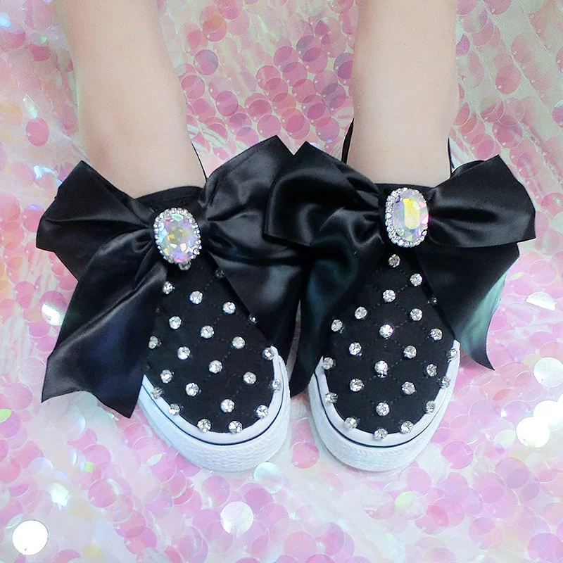 Luxury Rhinestones Women Cute Sneakers Platform Chunky Black Canvas Bow Casual Shoes Thick Bottom Ladies Trainers Lolita Shoes