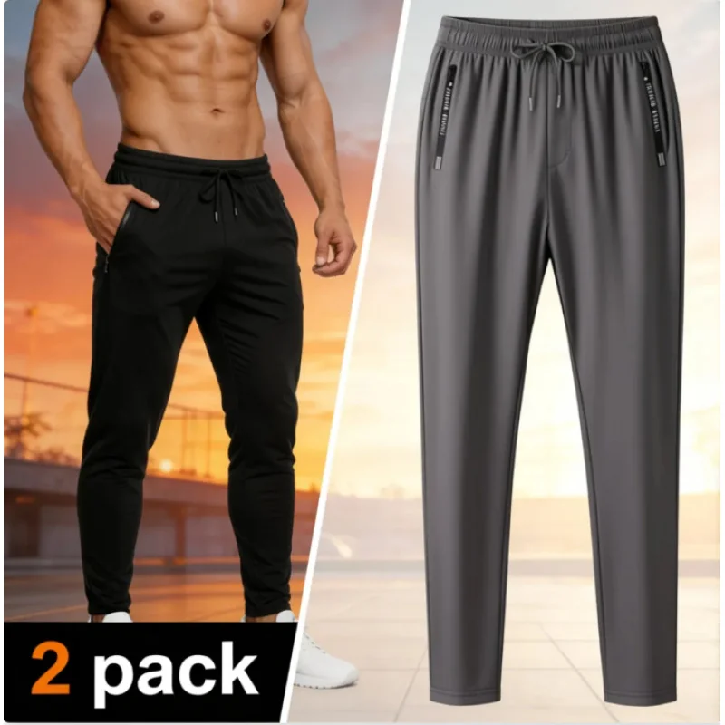 2-Pack Men's Ice Silk Sports Pants, Quick Dry Lightweight with Pockets, Elastic Waist Plus Size for Summer Fitness Running