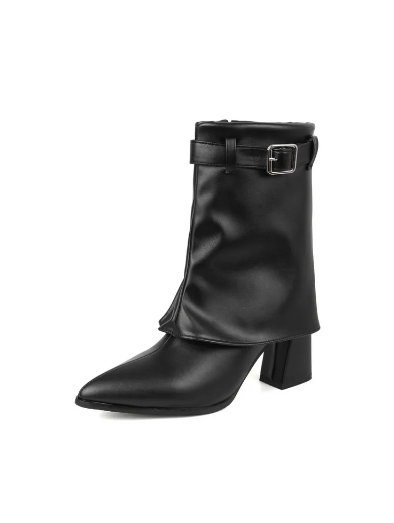 2026 Winter Elegant Women Mid Calf Boots 8cm High Block Heels Oversized White Yellow Office Lady Daily Shoes Large Size 34-50