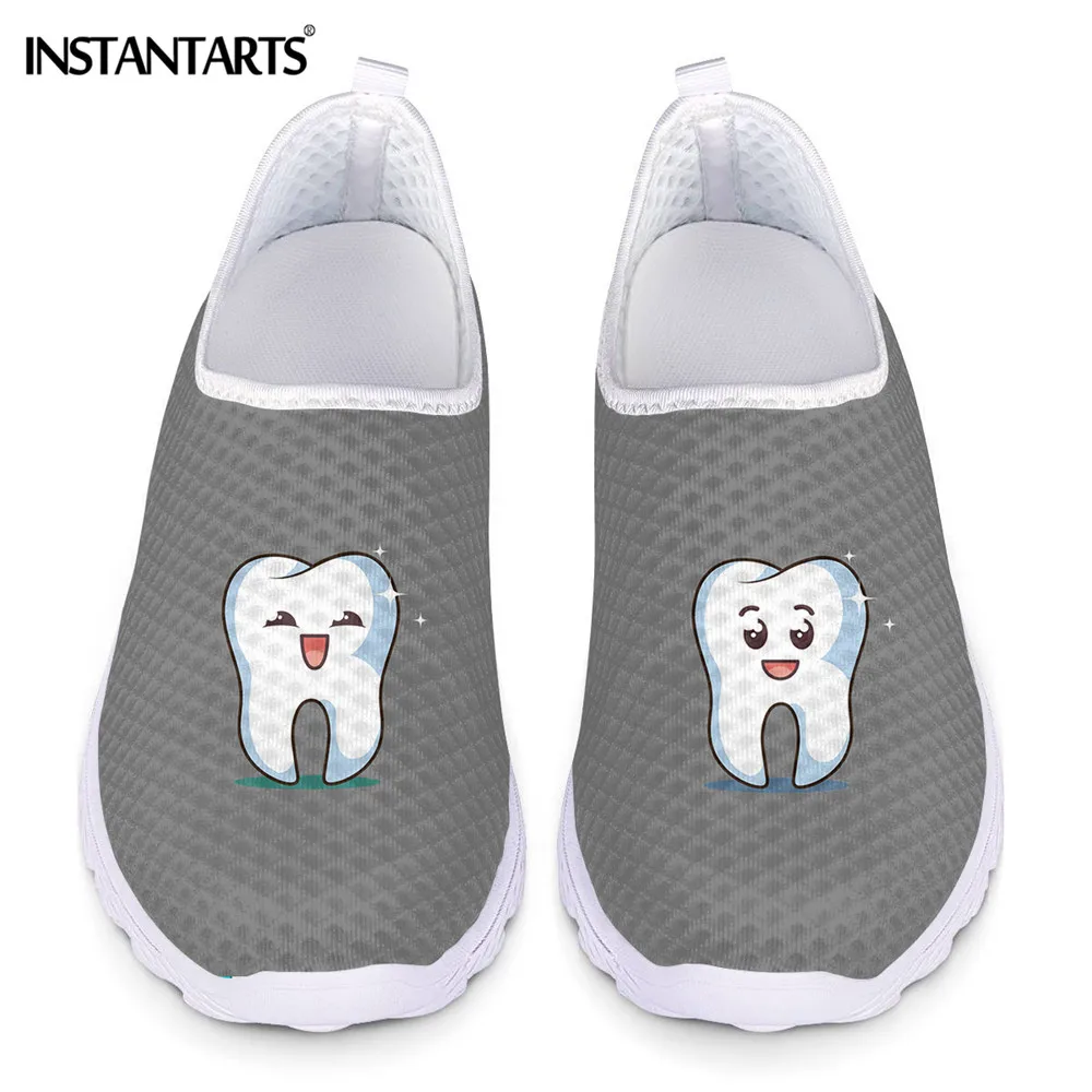 Lovely Cartoon Tooth Pattern Women Flat Shoes Breathable Mesh Slip On Sneaker For Laides Summer Beach Shoe Loafers