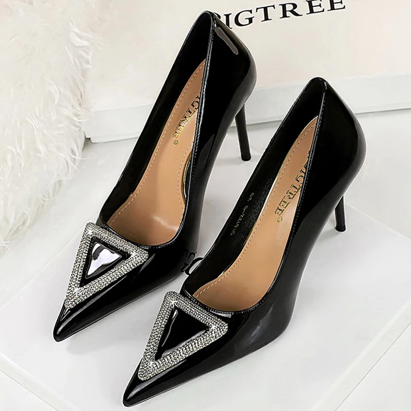 BIGTREE Shoes Triangle Metal Buckle Women Pumps Rhinestone High Heels Women Shoes Patent Leather Ladies Heels Stilettos Size 43