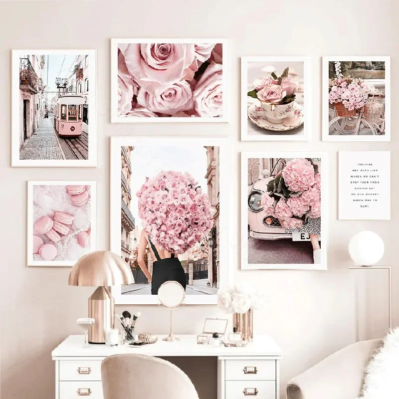 Pink Peony Rose Flower Macarons Cup Bike Tram Quotes Wall Art Canvas Painting Posters And Prints Pictures For Living Room Decor