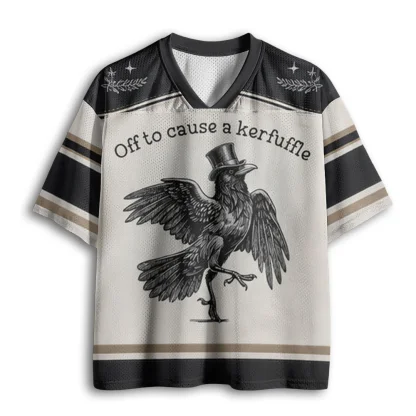 V Neck Mesh Jersey, Vintage Crow Top Hat Off to cause a kerfuffle Letter Print Short Sleeve Loose Mesh Top