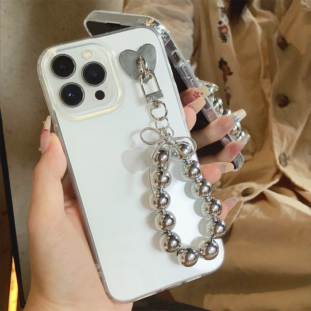 Luxury Plated Silver Bead Pearl Chain Phone Case Trendy Trasparent Cover Cute Strap Cases iPhone 15 14 12 13 Pro Max 15Pro