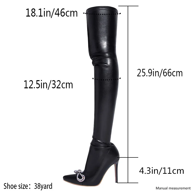 Winter Thigh High Boots Black Women Pointed Toe High Heels Over The Knee Side Zip Elastic Long Boots With Bow Rhinestone Shoes