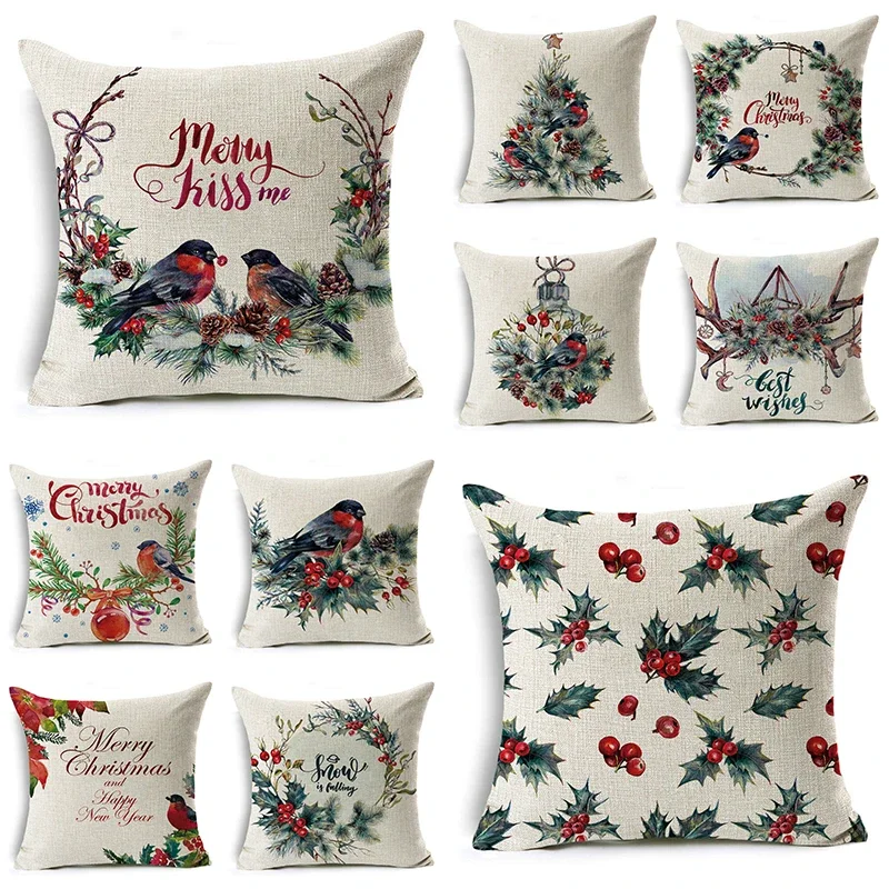 45*45CM Merry Christmas Cushion Cover Birds Garland Pillowcase Single Sided Print Polyester Sofa Pillow Case For Home Xmas Decor
