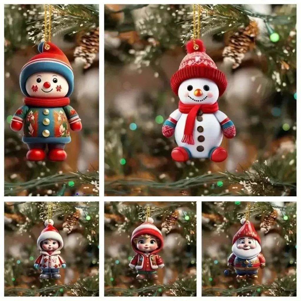 Christmas Flat Acrylic Hanging Pendants Santa Cluas Snowman Xmas Tree Drop Ornaments Merry Christmas Decor Happy New Year 2024