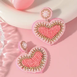 Elegant Handmade Pink Heart Drop Earrings Lovely Seed Beads Dangle Earrings for Women Girls Valentine's Day Jewelry Accessories