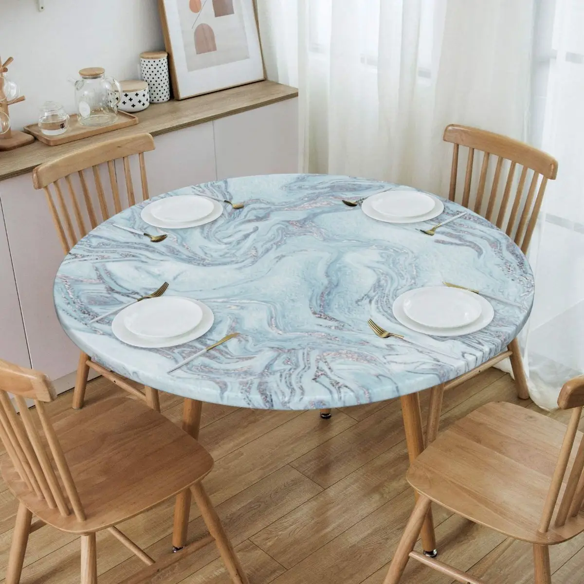 

Blue And Silver Marble Luxurious Tablecloth Round Elastic Waterproof Texture Graphic Table Cloth Cover for Dining Room