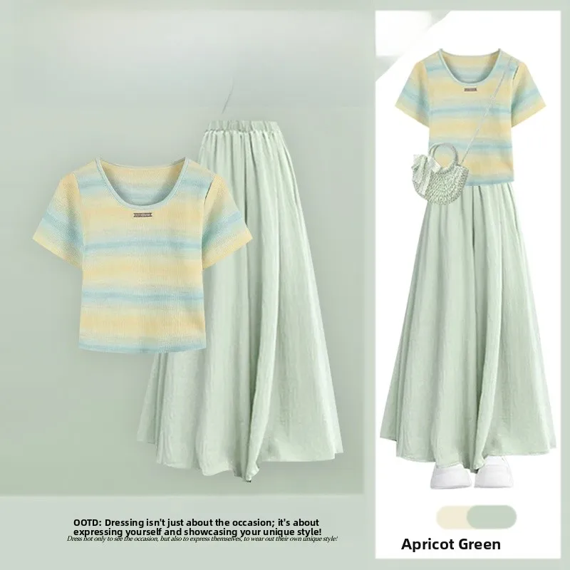 

Summer 2026 Dopane Sle Women's Korean Anti-Aging oulder T-irt And Lazy Skirt Pants Two-Piece Set High Waist Long Pants