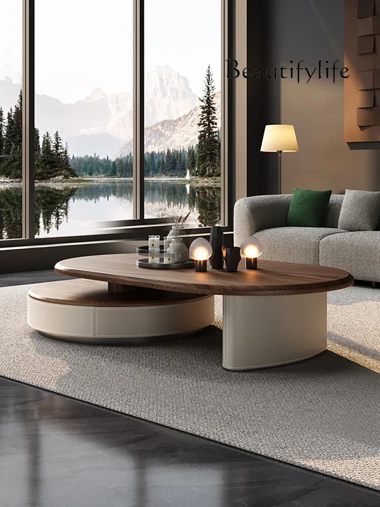 Retro style light luxury retractable round coffee table modern simple high-end