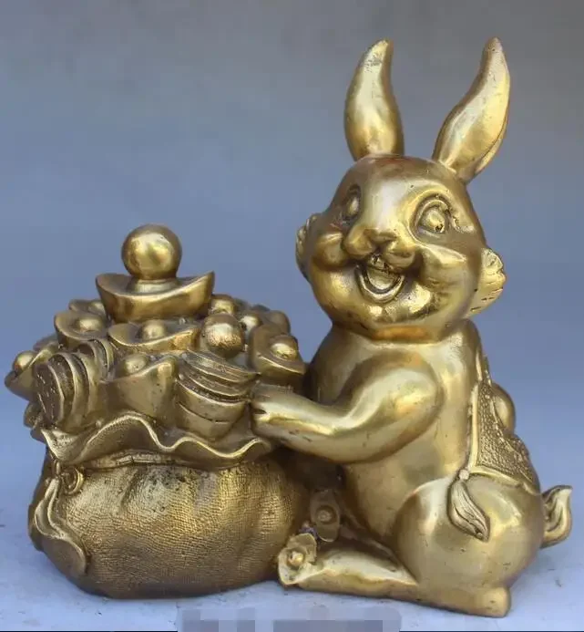 19CM Chinese Feng shui Bronze Wealth Yuanbao Hare Rabbit Coney Animal Statue