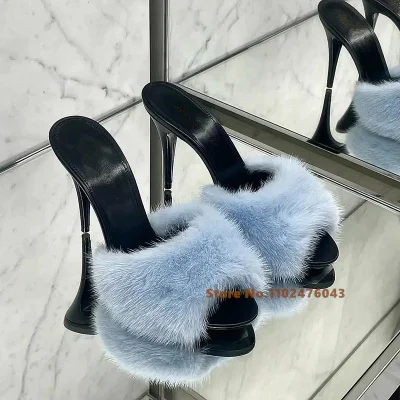 Blue Fur Stilettos Slipper Sandals Leather High Heels Peep Toe Mules Slip On Women Luxury Designer Black Party Dress Shoes