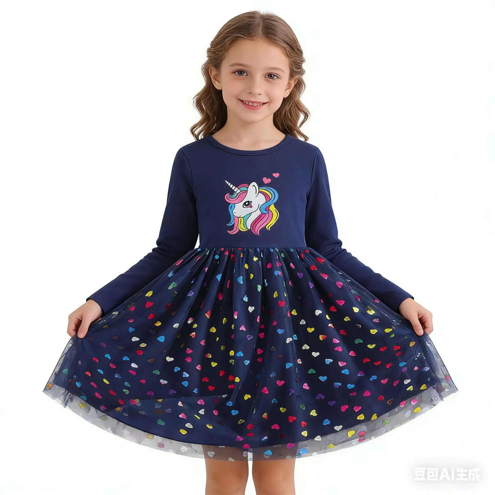 Koreanisches Kinderkleid 2026 Neue Mädchen Frühling und Herbst Cartoon-Druck Langarm Tüll Prinzessinnenkleid