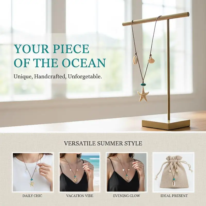 Seestern-Muschel-Perlen-Halskette aus Wachsseil für Frauen, Bohemian-Strand-Urlaubsstil, Schlüsselbeinkette, modischer Alltagsschmuck – Detail 4