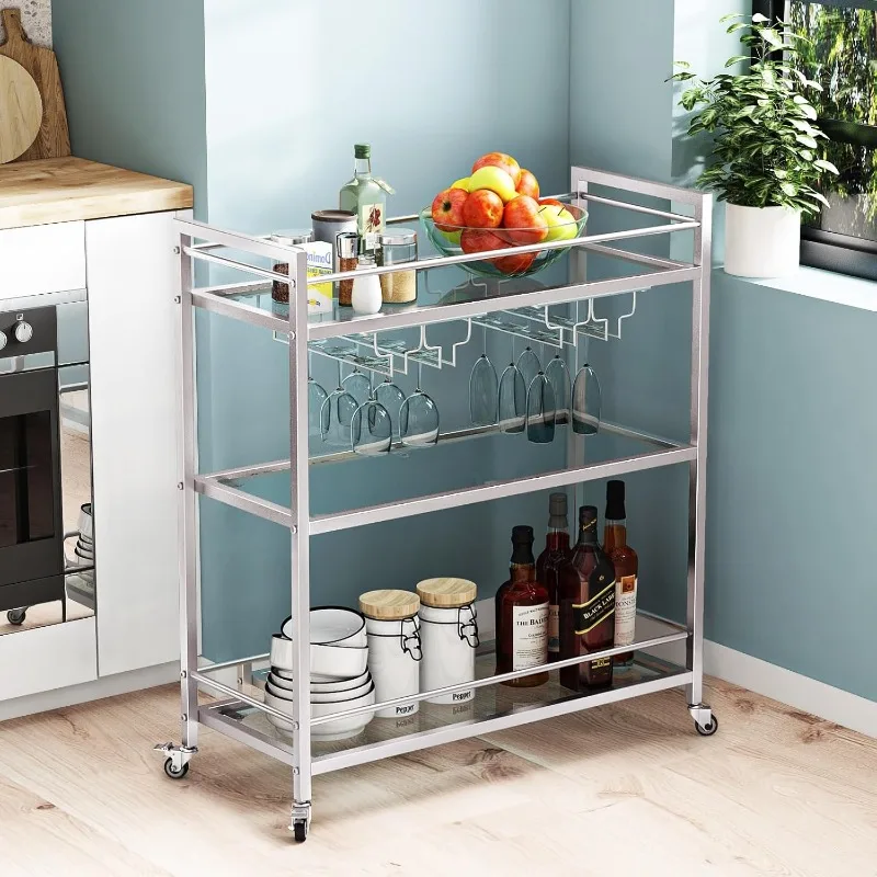 

Glass Silver Bar Carts for Home with Hanging Wine Rack - Home Bar Serving Cart with 3 Mirrored Shelves, Kitchen Bar Carts