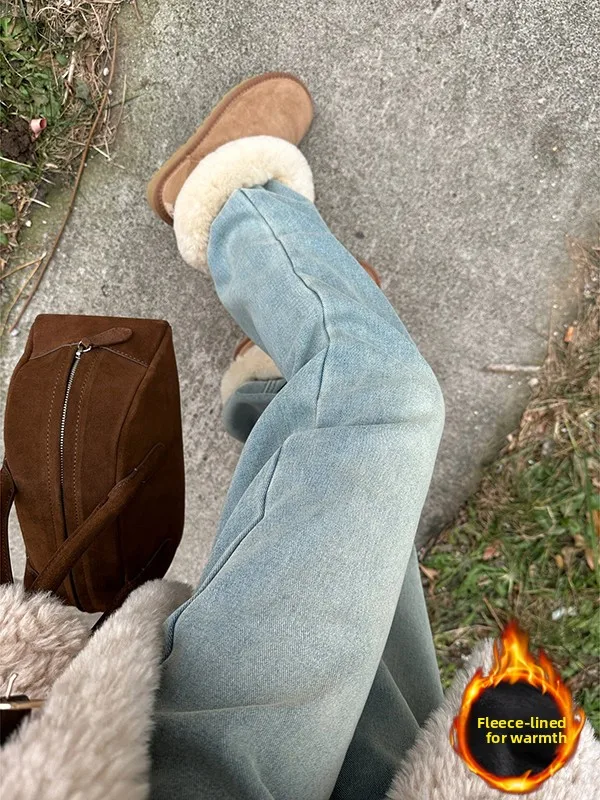 

Утепленные флисовые светло-голубые мужские джинсы осенне-зимнего стиля с большими желтыми ботинками, прямые длинные брюки, комплект для создания образа