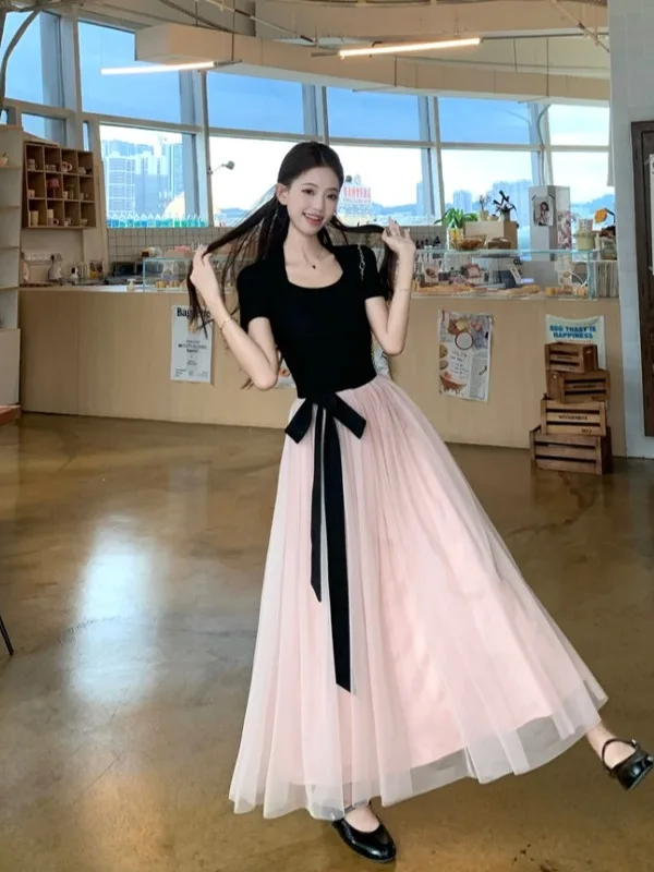 

Summer New plus Size Women's Dress Sweet Color Block Square Collar A-Line Skirt Waist Cinching Belly Covering Commute Style