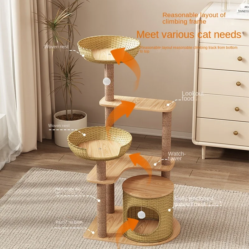 Rattan Cat Climbing Frame Nest Tree Multi-cat Toy Scratching Board Sisal Large Climbing Post Frame Cat Scratching Tree