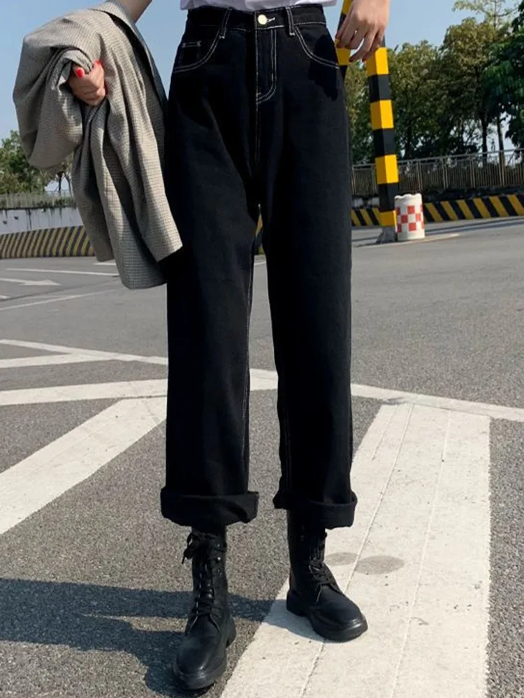 Casual Women Autumn All-match Wide Leg Trousers Girls Line Decoration Washed Jeans Lady Black Korean Style Straight Leg Pants