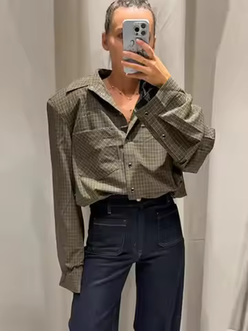 Fashion Grid Stripe Print Lapel Shirts For Women Elegant Single Breasted Long Sleeve Blouse Holiday Street Casual Lady Chic Tops