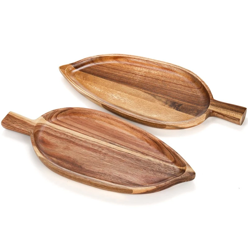 2 Pc Wood Serving Platters,13 Inch X 5.5 Inch Leaf Shaped Food Serving Trays For Entertaining,Small Cheese Platter Board Durable