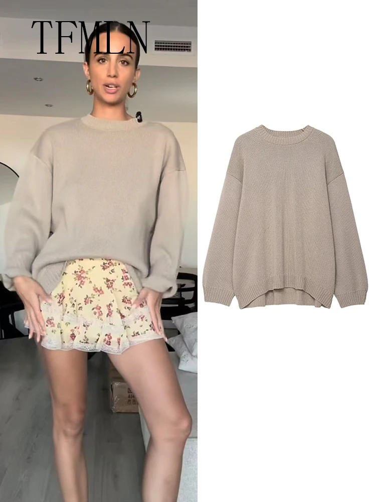 

TFMLN свободные женские повседневные вязаные свитера 202, осень-зима, пуловер с круглым вырезом и длинными рукавами, модный топ большого размера, теплый шикарный трикотаж