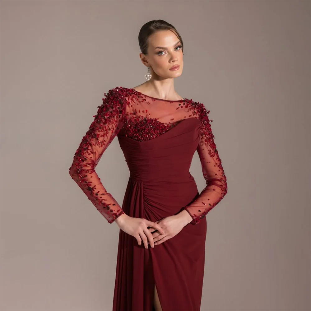 

Бордовые вечерние платья для женщин 2025 с круглым вырезом и блестками, с длинными рукавами, вечерние платья с разрезом до бедра, вечернее платье по индивидуальному заказу