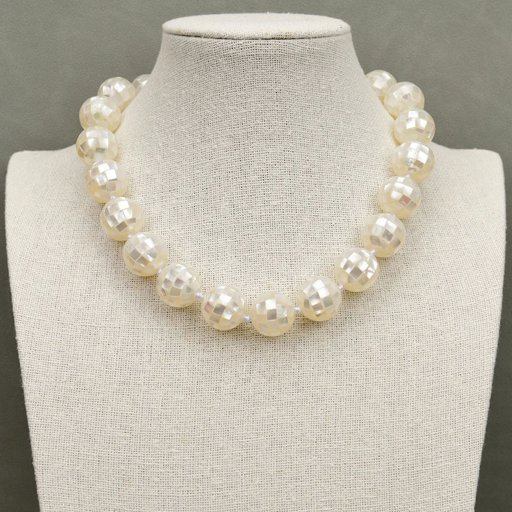 G-G 18mm Natural White Sea Shell Round Ball Mother Of Pearl Necklace 18'' CZ Clasp Handmade For Lady