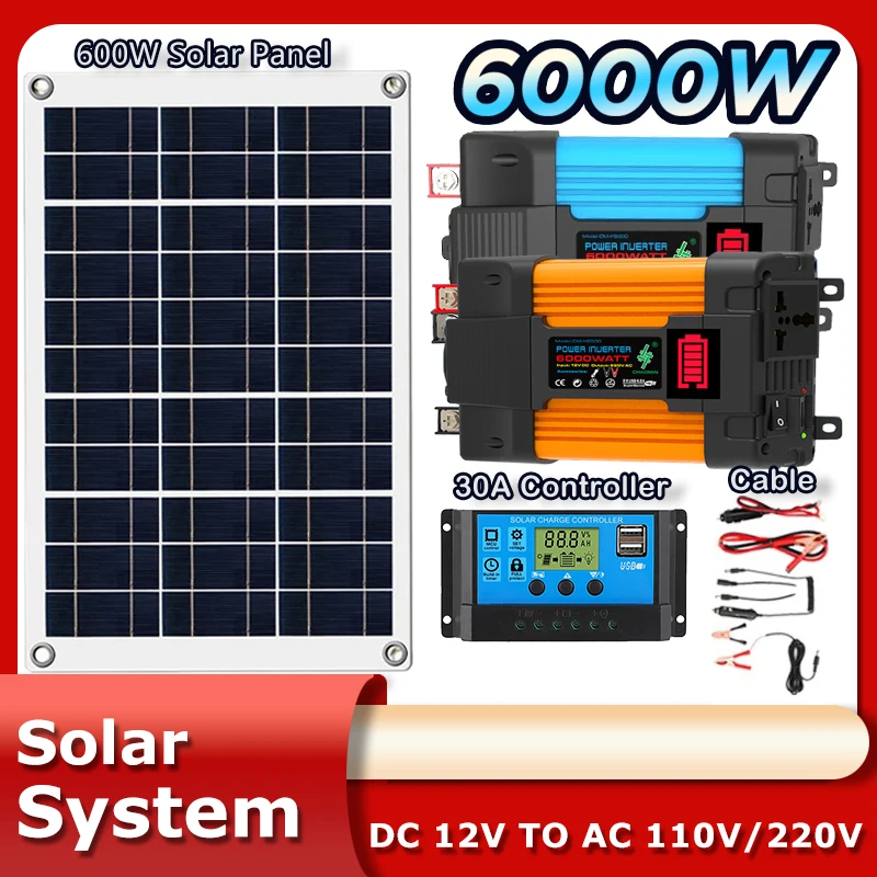 

600W/H Solar Panel System 12V Solar Panel Battery Charge Controller 6000W 110V/220V Inverter Kit Complete Power Generation