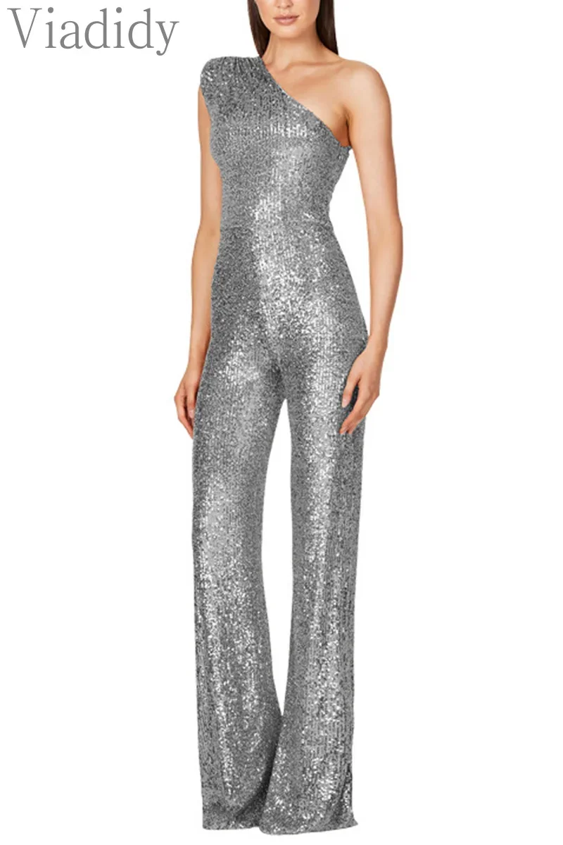 

Women Sexy Solid Color Sequin Decor One Shoulder Sleeveless Skinny Jumpsuits