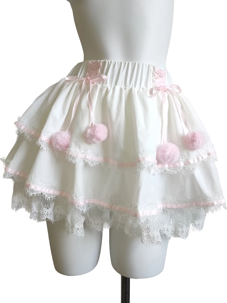 

Cute Skirts for Sweet Girls Summer Lace Trim Pompon Decoration Lace Up Elastic Waist Lolita Style Multilayered Shorts Skirt