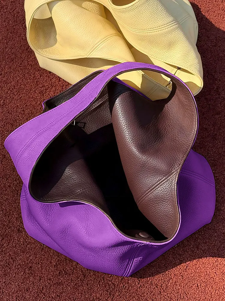 

Light Luxury Fashion High-quality Top Layer Cowhide Women Bag Spliced With Contrasting Colors Bucket Shaped Single Shoulder Bags